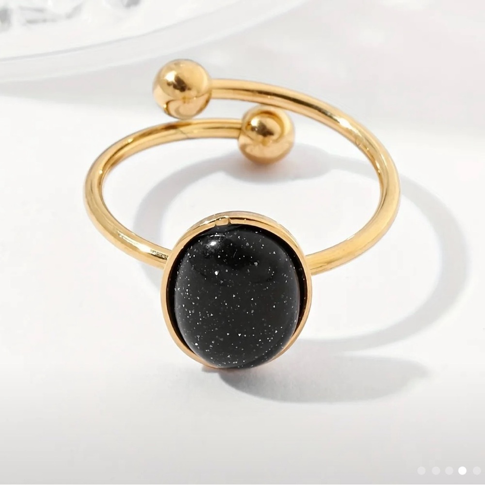 Gold Tone and Black Stone Ring Adjustable
